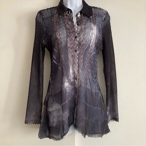 Komarov Beautiful Unique Abstract Sheer Button Down Long Sleeve Blouse, Sz M